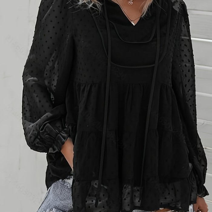 Summer Women's Loose Chiffon Polka Dot Neckline Knotted Top