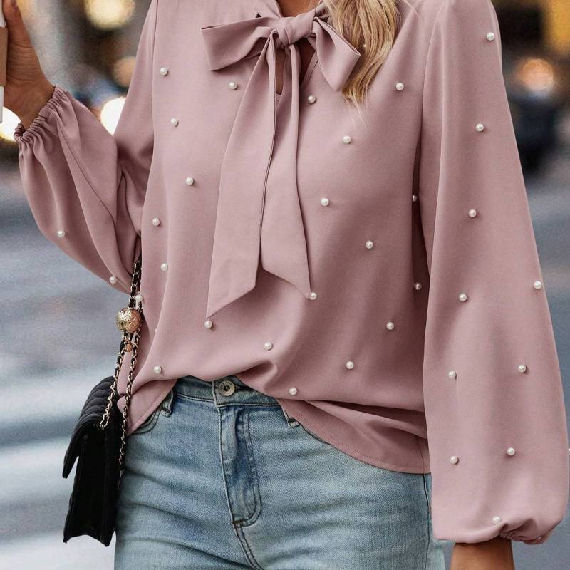 Women's Elegant Pearl-Embellished Bow Tie Mock Neck Blouse