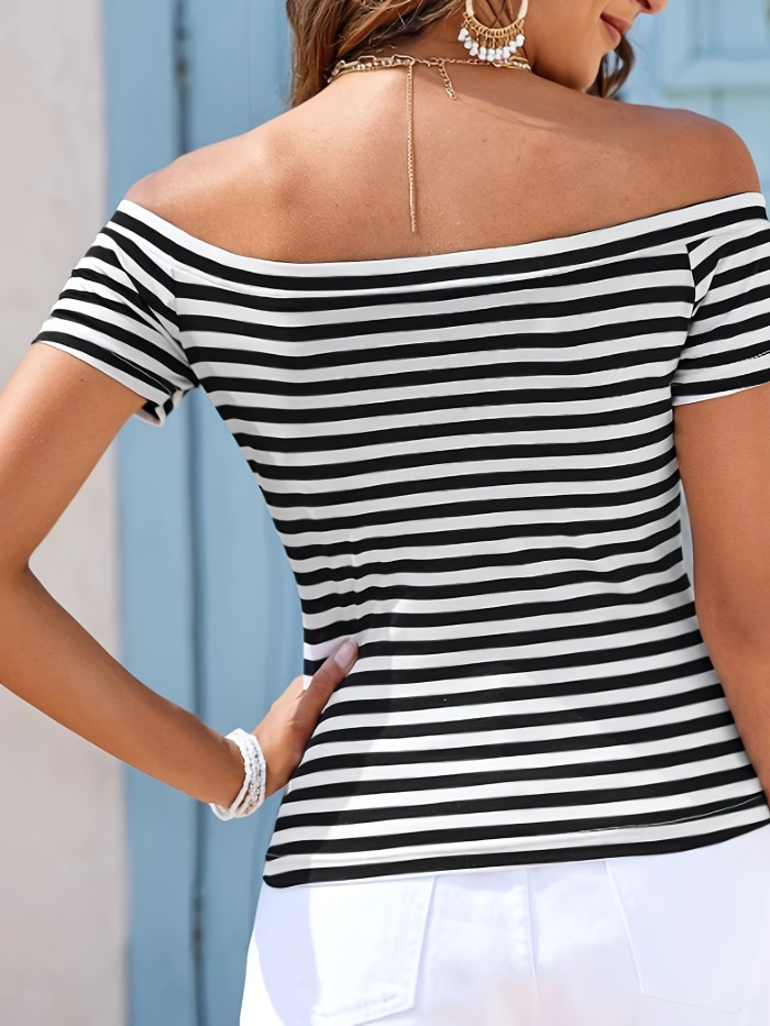 Women's Striped One Shoulder Slimming And Fashionable Versatile Short Sleeved Shirt
