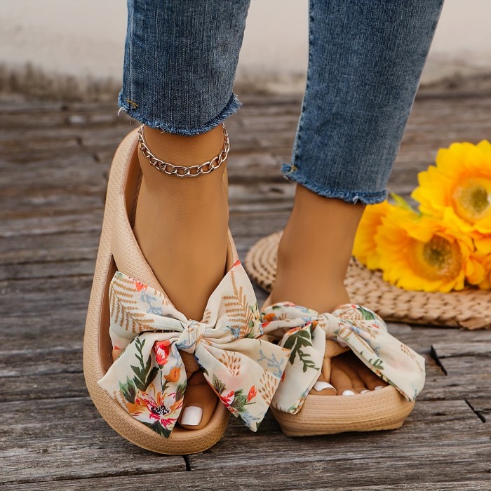 Women's Floral Bowknot Platform Flip Flops - Non-Slip EVA Soft Sole Slip-On Slides for Beach