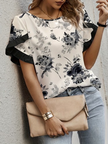 Elegant Floral Print Women's Blouse with Bell Sleeves & Crew Neck  Printed Top
