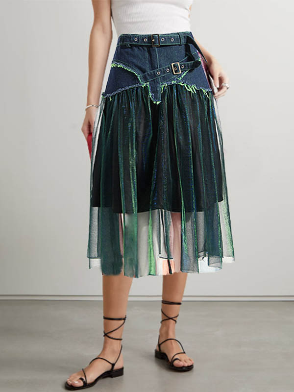 A-Line High Waisted Belted Shiny Skirts Bottoms