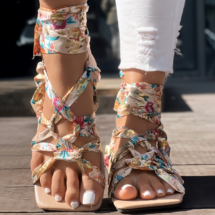 Women's Floral Print Crisscross Lace-Up Flat Sandals