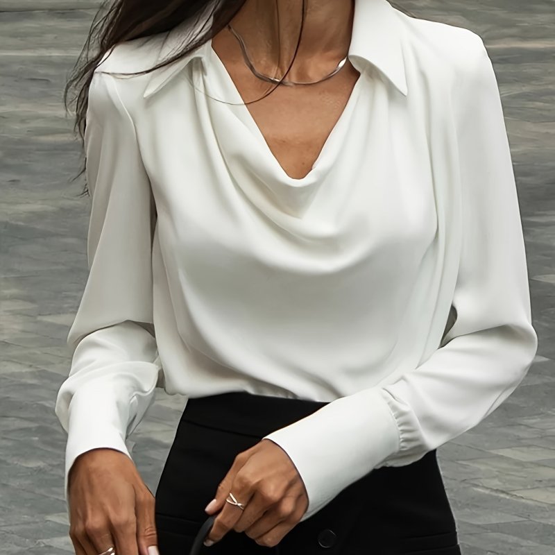 Women's Elegant Satin Shirt - Pleated, Long Sleeve, Drape Neck, Perfect for Office and Casual Wear