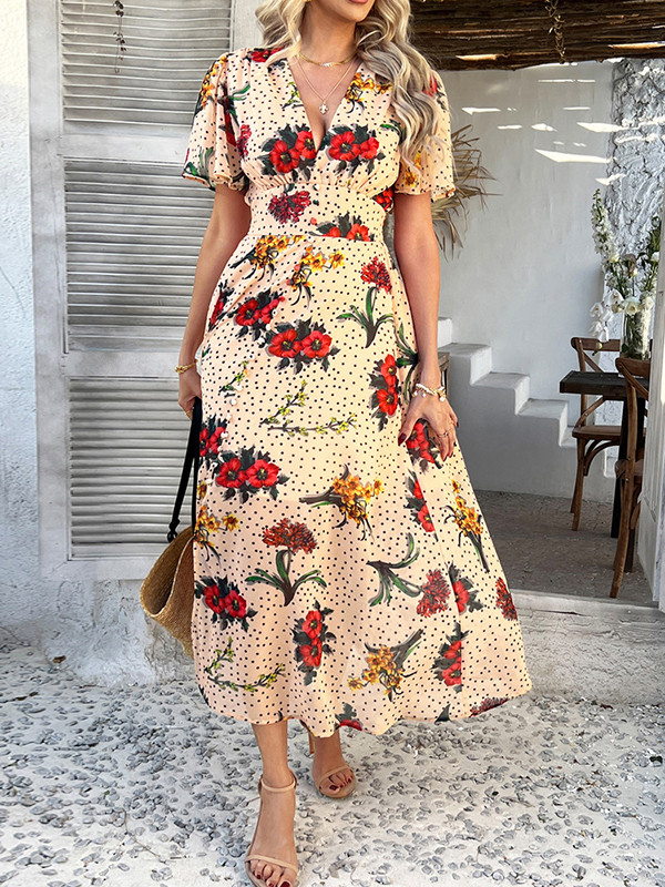 A-Line High Waisted Contrast Color Flower Print Split-Front V-Neck Midi Dresses