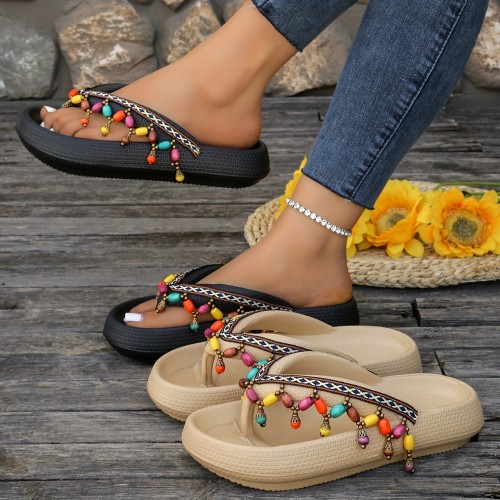 Women'S Flip-Flops with Ethnic Bohemian Style, Colorful Wooden Tassels, Casual Vacation Beach Party Sandals