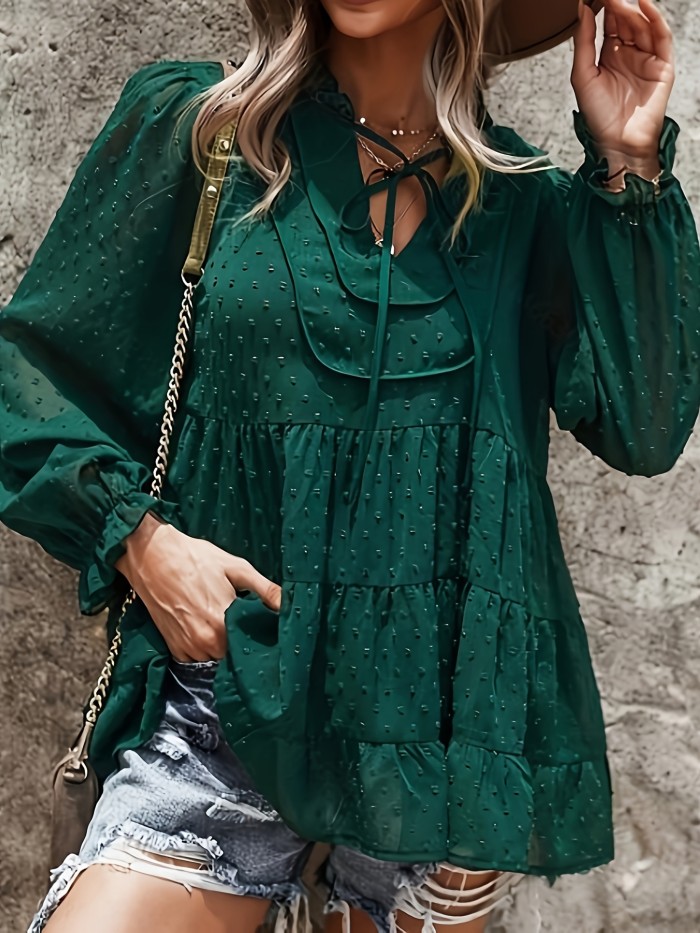 Summer Women's Loose Chiffon Polka Dot Neckline Knotted Top