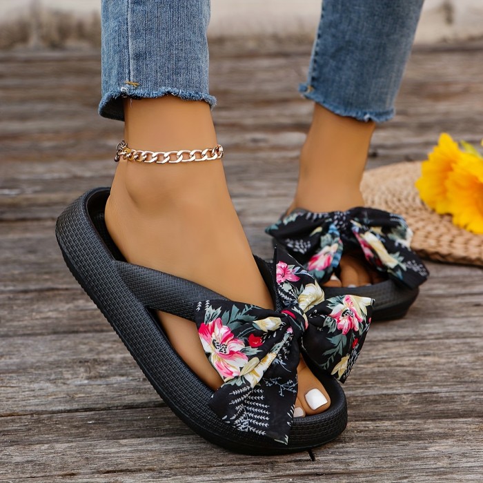 Women's Floral Bowknot Platform Flip Flops - Non-Slip EVA Soft Sole Slip-On Slides for Beach
