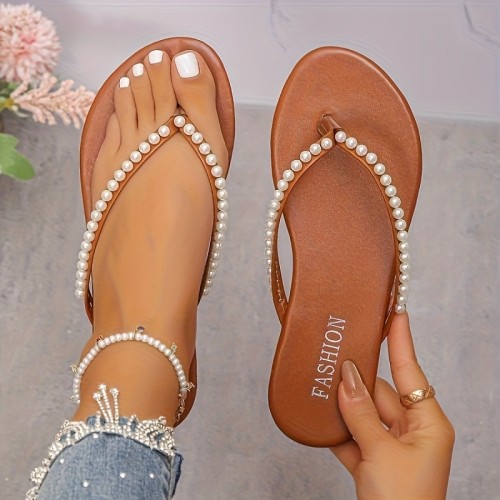 Pearl Flip Flops Flat Sandals Fashion Bohemian Beach Shoes Women'S Outdoor Split-toed Slippers