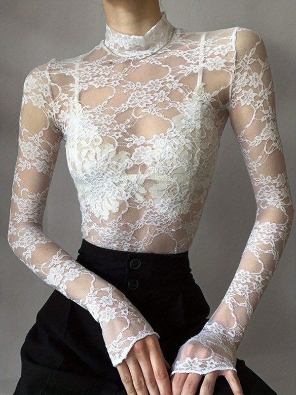 Elegant Women's Sheer Lace Floral Mock Neck Top