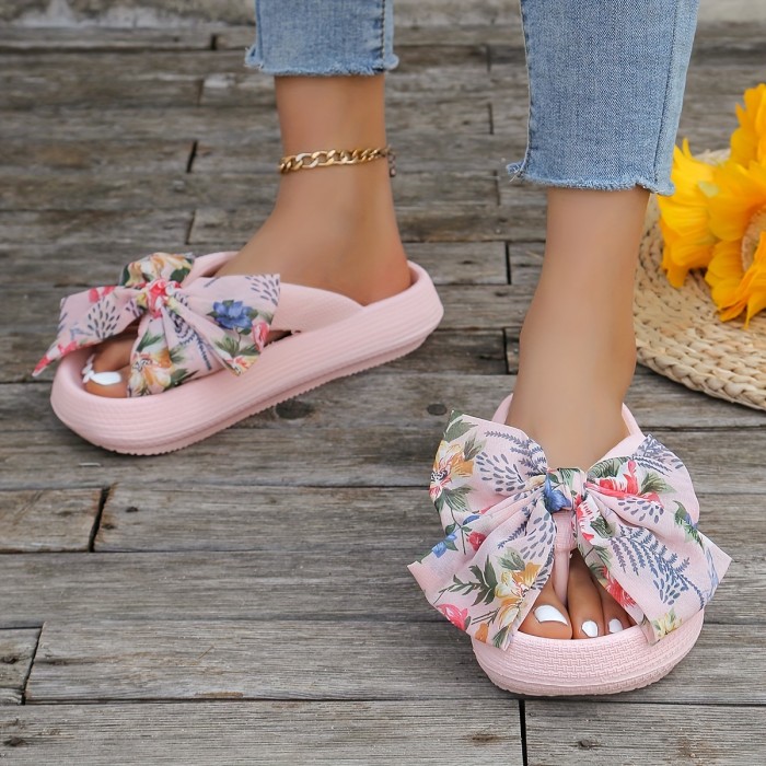 Women's Floral Bowknot Platform Flip Flops - Non-Slip EVA Soft Sole Slip-On Slides for Beach