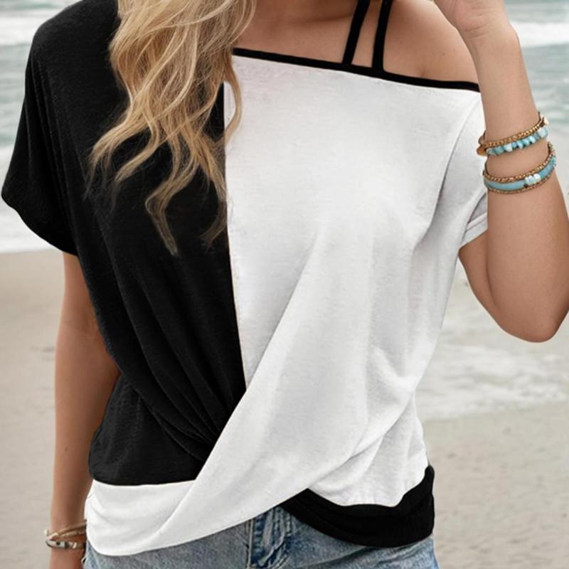 Loose Fit Cold Shoulder T-Shirt Tooluck Womens Twist Knot Color Block Short Sleeve Top