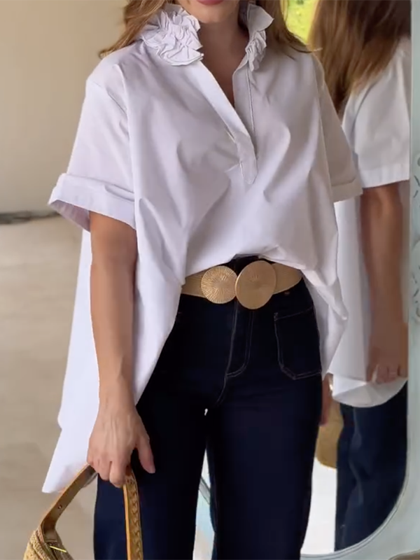Loose Short Sleeves Solid Color Three-Dimensional Flower Lapel Blouses&Shirts Tops