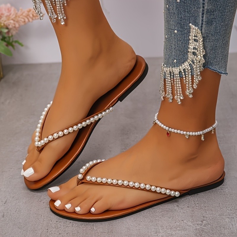 Pearl Flip Flops Flat Sandals Fashion Bohemian Beach Shoes Women'S Outdoor Split-toed Slippers