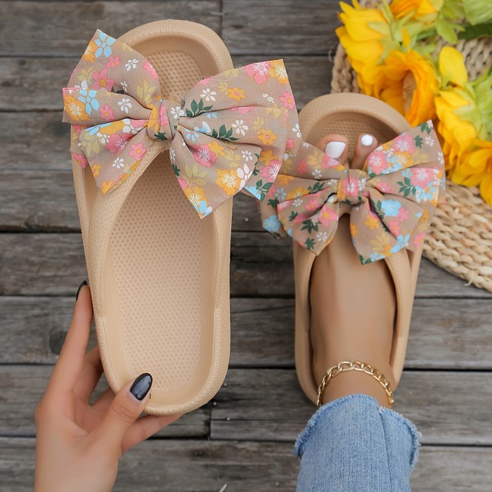 Women's Floral Bowknot Platform Flip Flops - Non-Slip EVA Soft Sole Slip-On Slides for Beach