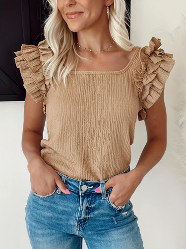 Chic Smoke Gray Ruffled Tiered Sleeve Square Neck Textured Blouse
