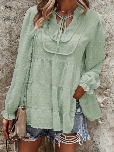 Summer Women's Loose Chiffon Polka Dot Neckline Knotted Top