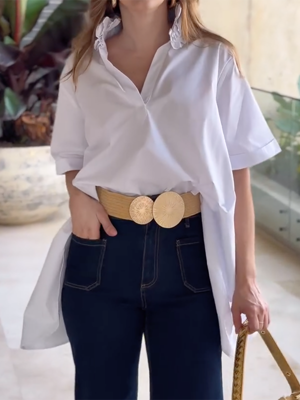 Loose Short Sleeves Solid Color Three-Dimensional Flower Lapel Blouses&Shirts Tops