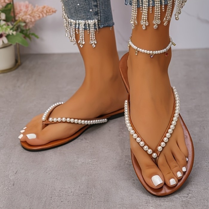 Pearl Flip Flops Flat Sandals Fashion Bohemian Beach Shoes Women'S Outdoor Split-toed Slippers