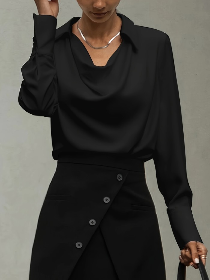 Women's Elegant Satin Shirt - Pleated, Long Sleeve, Drape Neck, Perfect for Office and Casual Wear