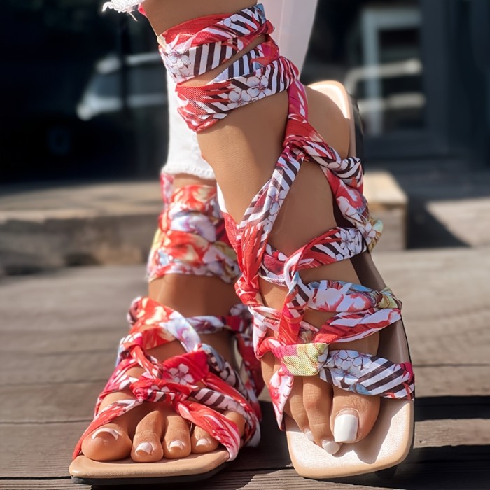 Women's Floral Print Crisscross Lace-Up Flat Sandals
