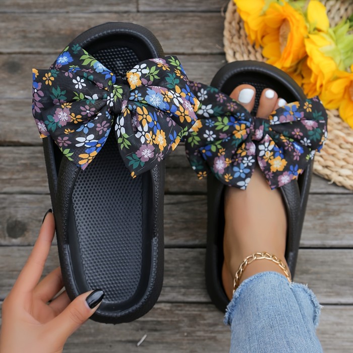 Women's Floral Bowknot Platform Flip Flops - Non-Slip EVA Soft Sole Slip-On Slides for Beach