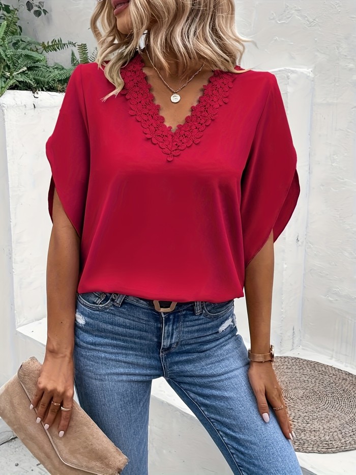 Women's Summer Lace V-Neck  Loose Fit Solid Color Top