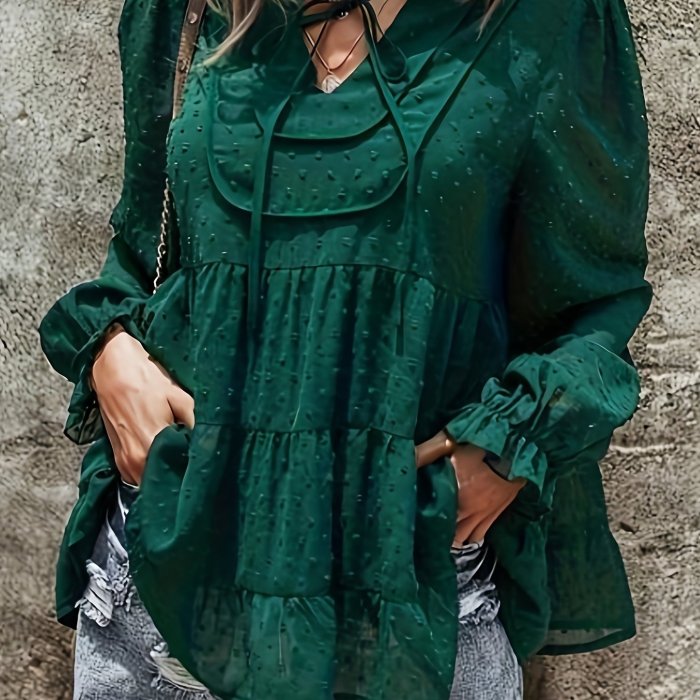 Summer Women's Loose Chiffon Polka Dot Neckline Knotted Top