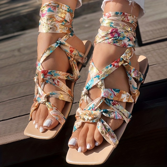 Women's Floral Print Crisscross Lace-Up Flat Sandals