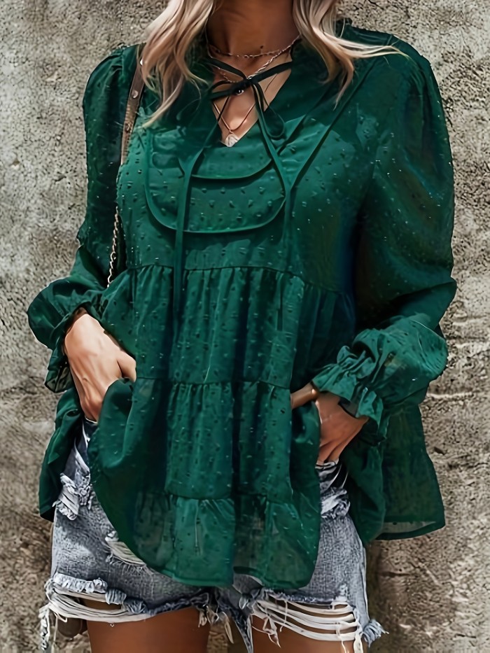 Summer Women's Loose Chiffon Polka Dot Neckline Knotted Top