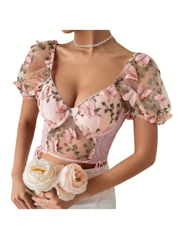 Women'S Summer Crop Tops Three-dimensional Butterfly Stitched Mesh Short Sleeves V-neck Open Back Shirt