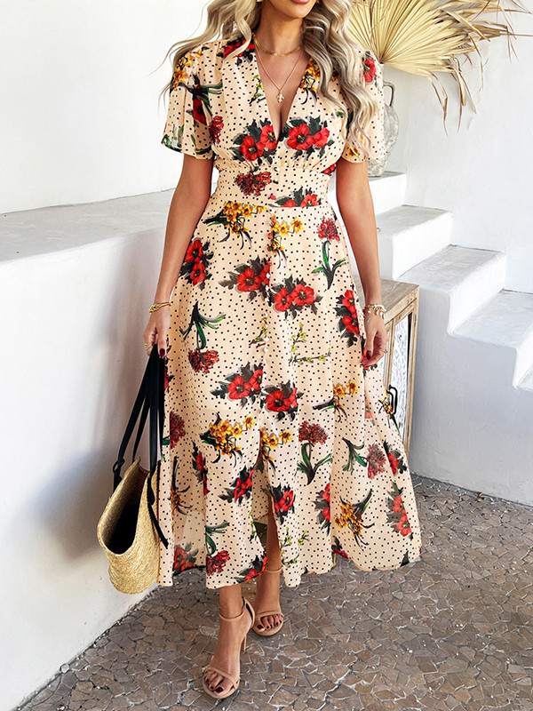 A-Line High Waisted Contrast Color Flower Print Split-Front V-Neck Midi Dresses