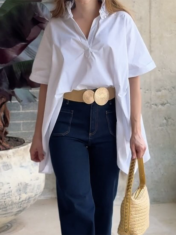 Loose Short Sleeves Solid Color Three-Dimensional Flower Lapel Blouses&Shirts Tops