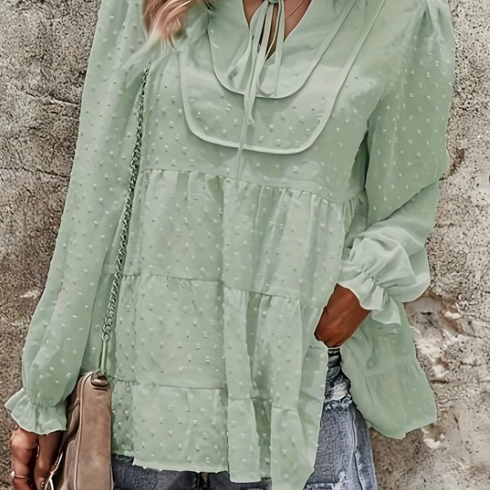 Summer Women's Loose Chiffon Polka Dot Neckline Knotted Top