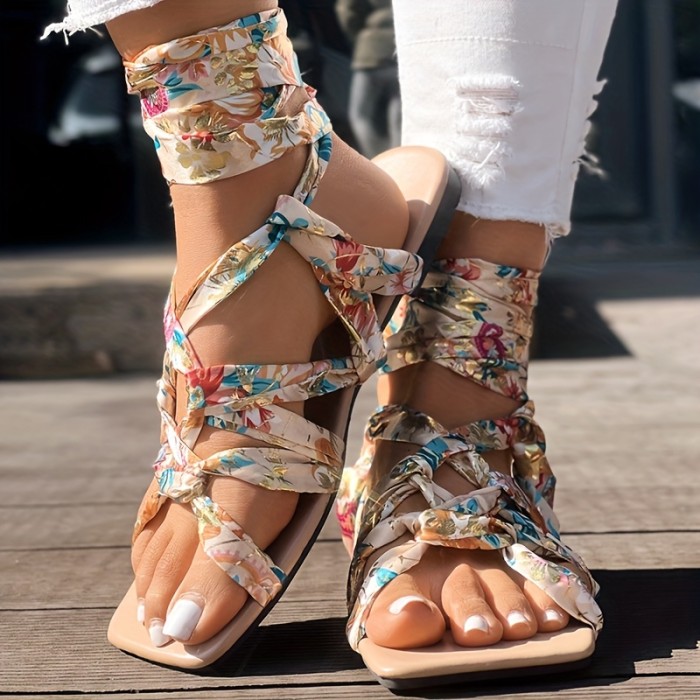 Women's Floral Print Crisscross Lace-Up Flat Sandals