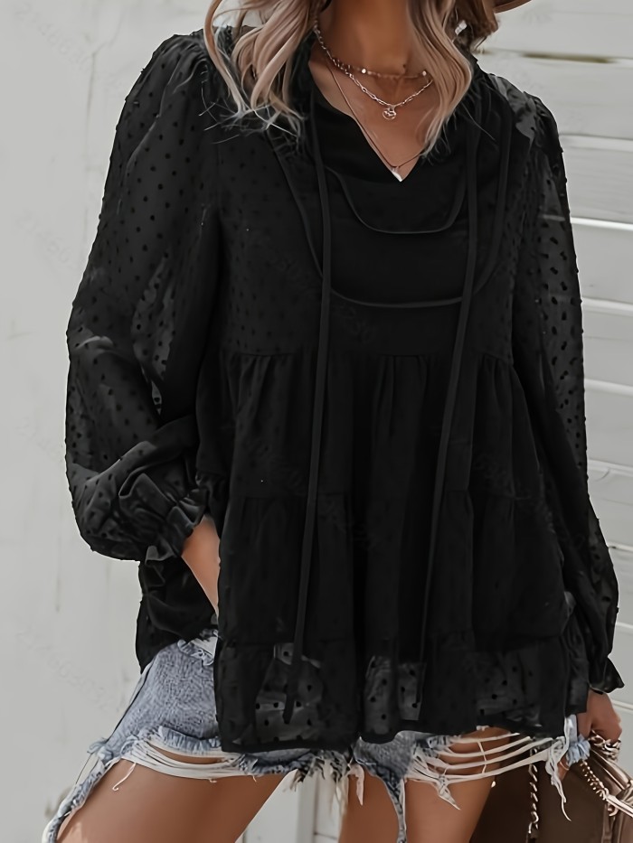 Summer Women's Loose Chiffon Polka Dot Neckline Knotted Top