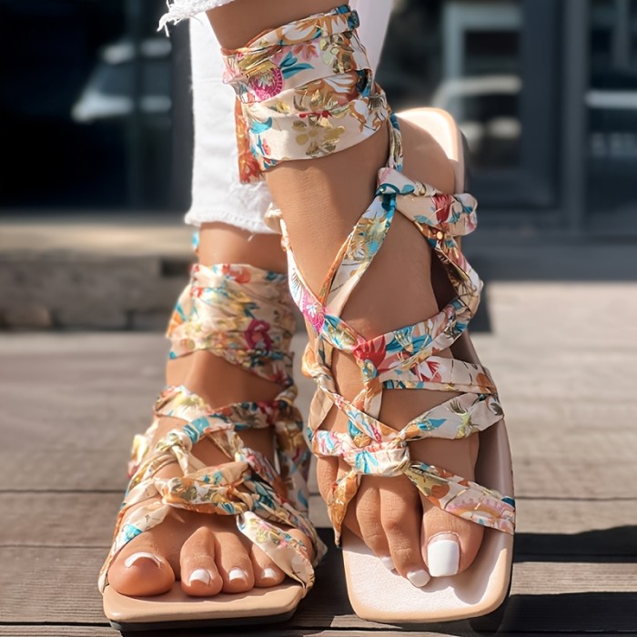 Women's Floral Print Crisscross Lace-Up Flat Sandals