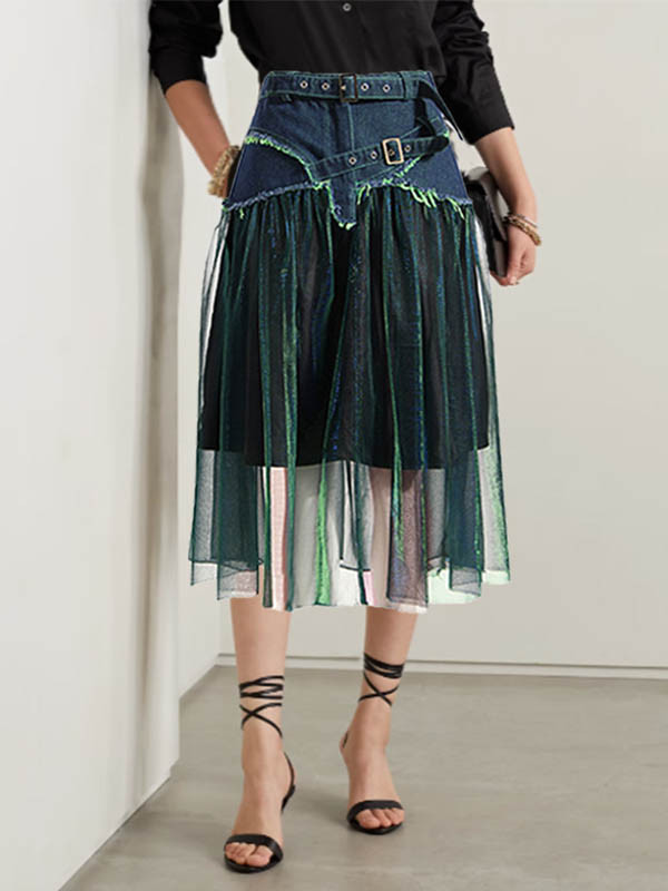A-Line High Waisted Belted Shiny Skirts Bottoms