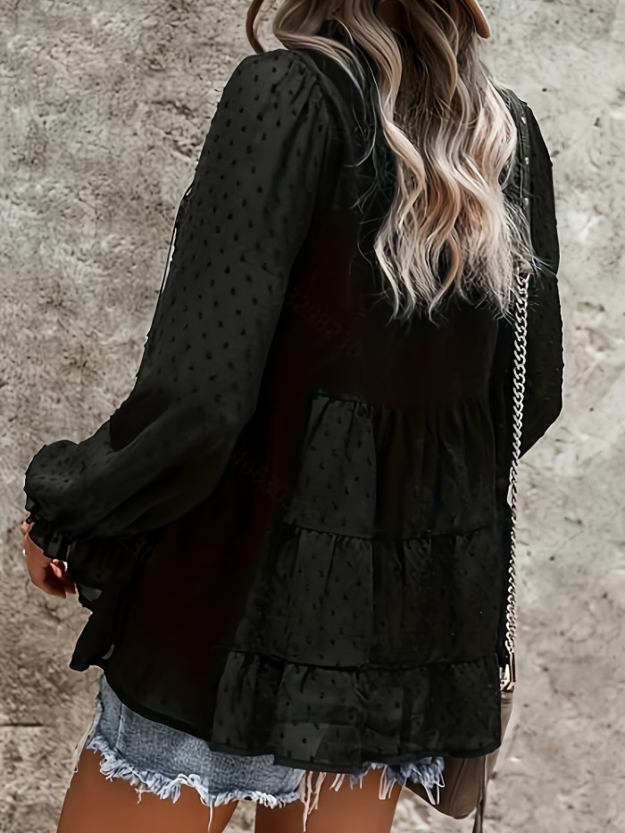 Summer Women's Loose Chiffon Polka Dot Neckline Knotted Top