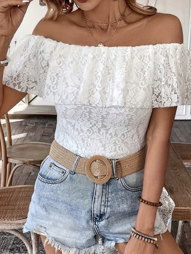 Women Flower Lace Tops Slim Off The Shoulder Ruffle Short Sleeve Backless Crop Shirt