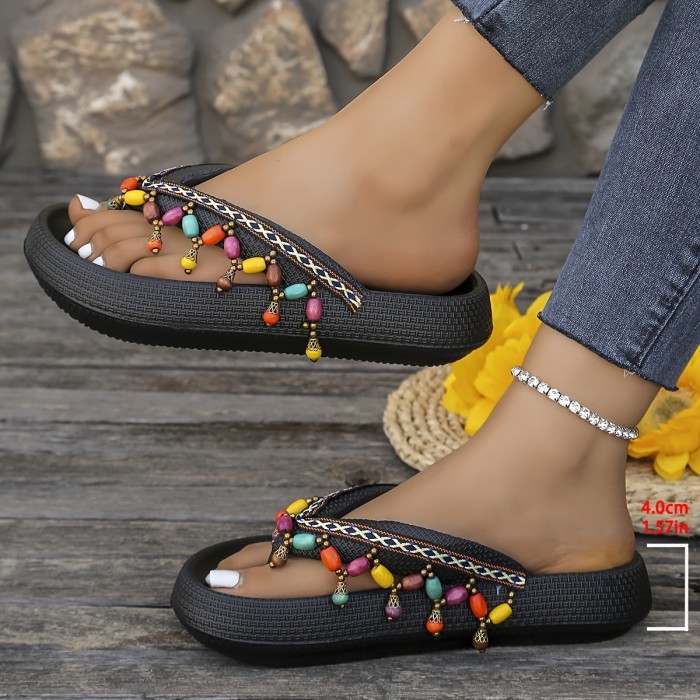 Women'S Flip-Flops with Ethnic Bohemian Style, Colorful Wooden Tassels, Casual Vacation Beach Party Sandals