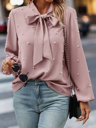 Women's Elegant Pearl-Embellished Bow Tie Mock Neck Blouse