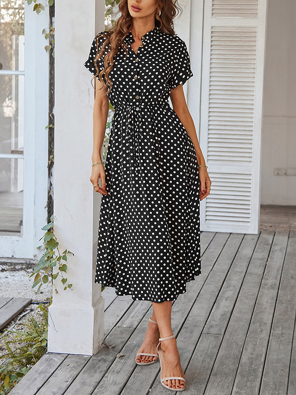 A-Line High Waisted Buttoned Drawstring Polka-Dot V-Neck Midi Dresses