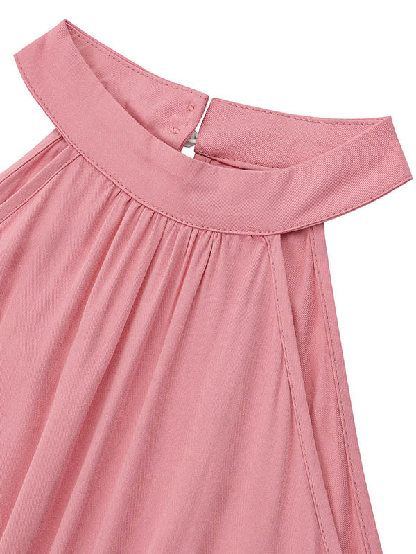 High Waisted Loose Pleated Solid Color Split-Front Tied Waist Halter-Neck Jumpsuits