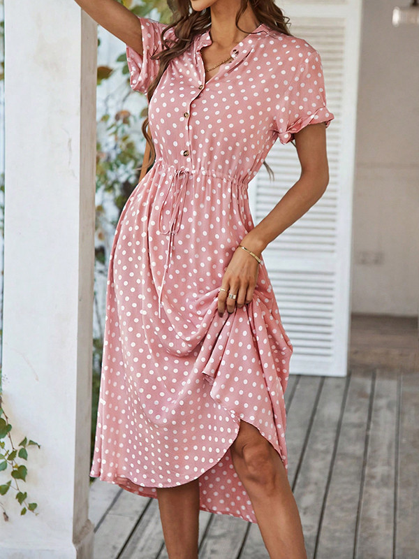 A-Line High Waisted Buttoned Drawstring Polka-Dot V-Neck Midi Dresses