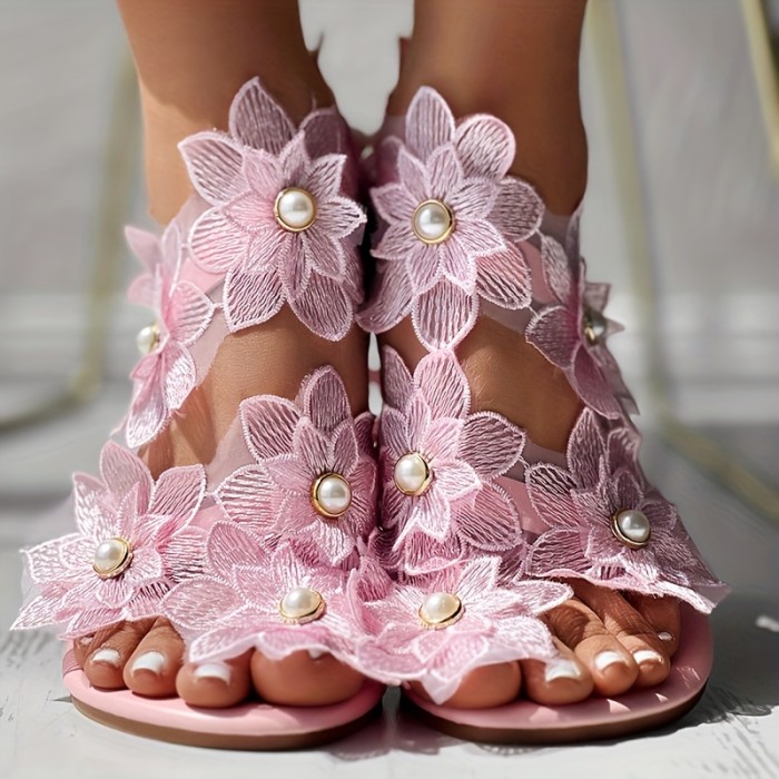 Women's Glitter Rhinestone & Pearl Flat Sandals - Elegant Summer Beach Shoes with Toe Loop Design, Anklet Not Included, Ladies Sandals