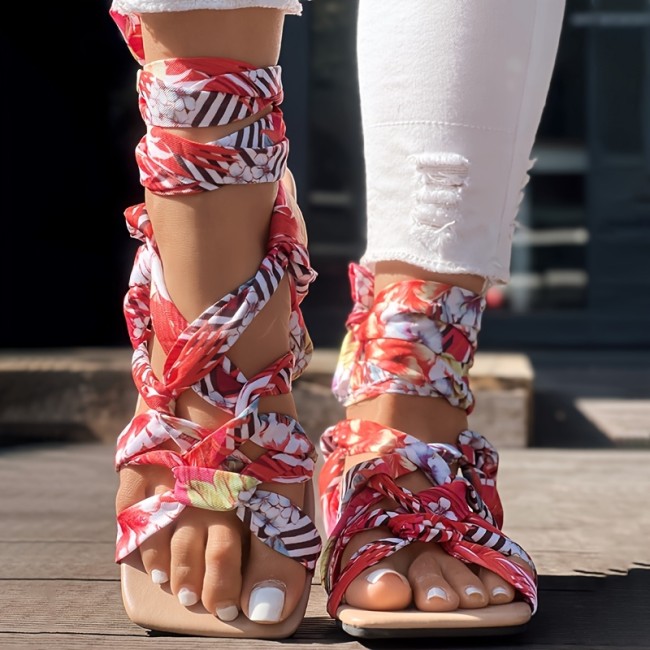 Women's Floral Print Crisscross Lace-Up Flat Sandals