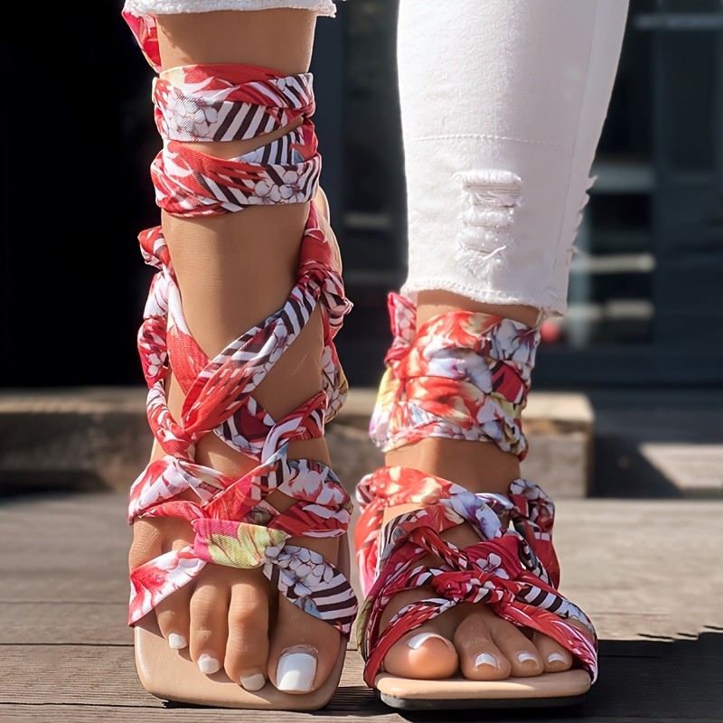 Women's Floral Print Crisscross Lace-Up Flat Sandals