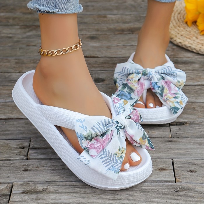 Women's Floral Bowknot Platform Flip Flops - Non-Slip EVA Soft Sole Slip-On Slides for Beach