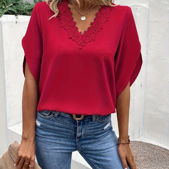 Women's Summer Lace V-Neck  Loose Fit Solid Color Top